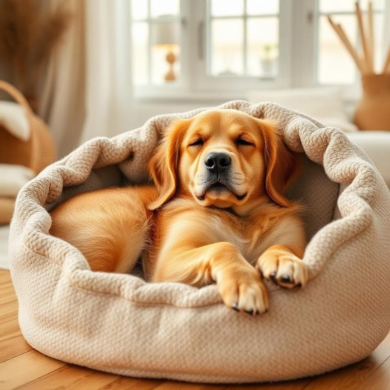 Golden retriever descansando en camita Hachiko