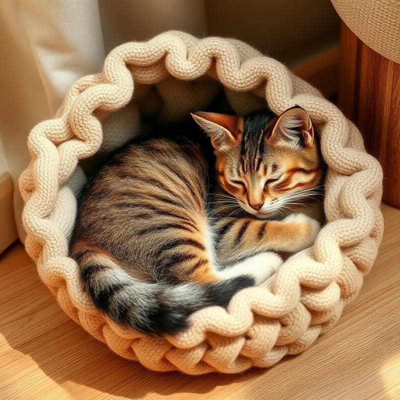 Gato durmiendo en camita artesanal